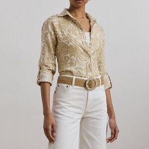 NWT Women RALPH LAUREN Cream Tan Relaxed Fit Floral Linen Shirt spring Large